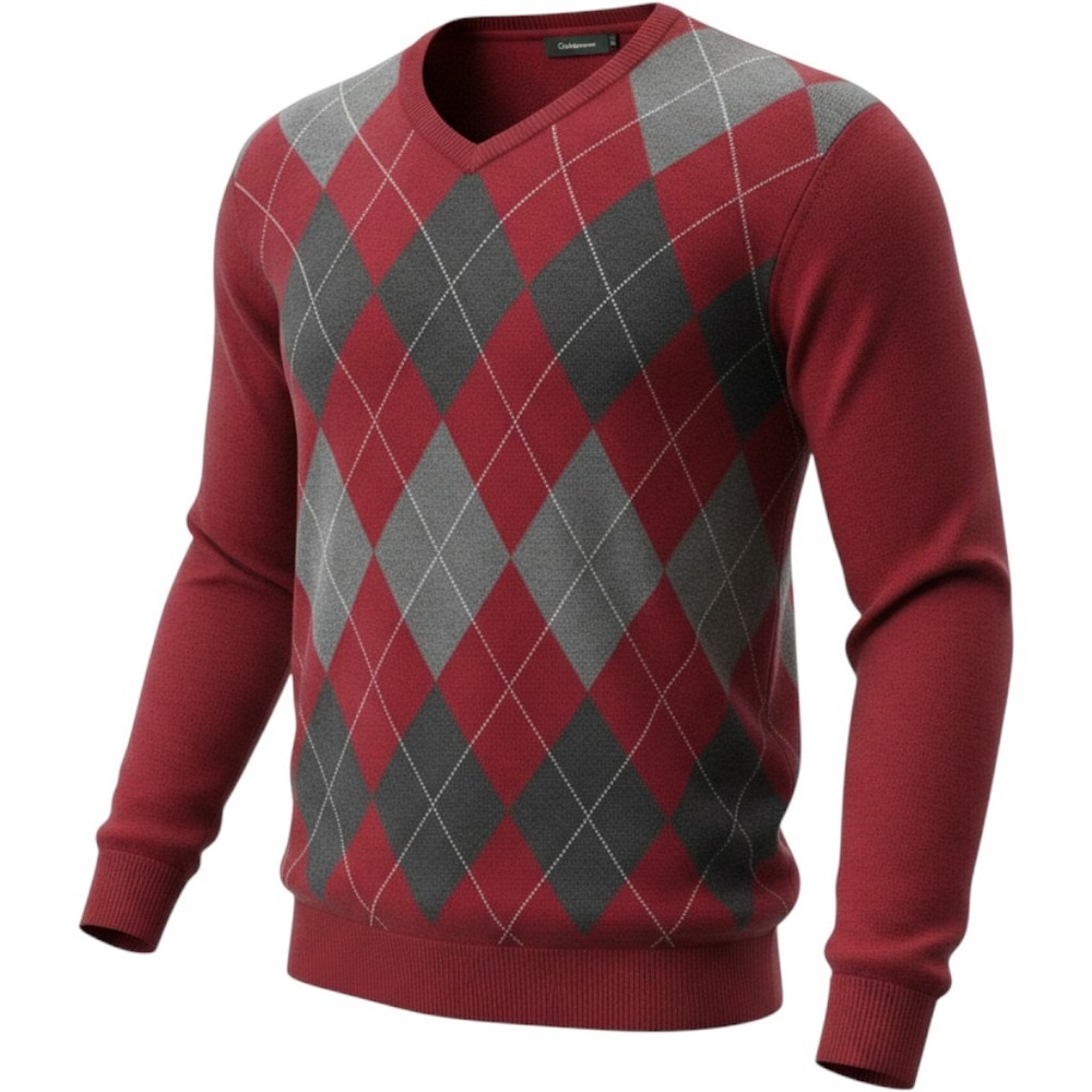Stafford Argyle Sweater Mens V Neck Red Gray Long Sleeve Pullover Academia Y2K